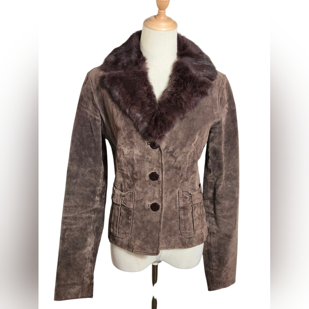 XOXO Vintage 90s Brown Suede Blazer with Rabbit Fur Collar